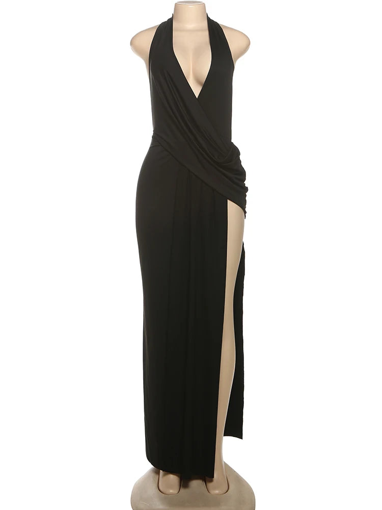 Backless Halter Maxi Dress — Deep V-Neck High Slit Elegant Gown