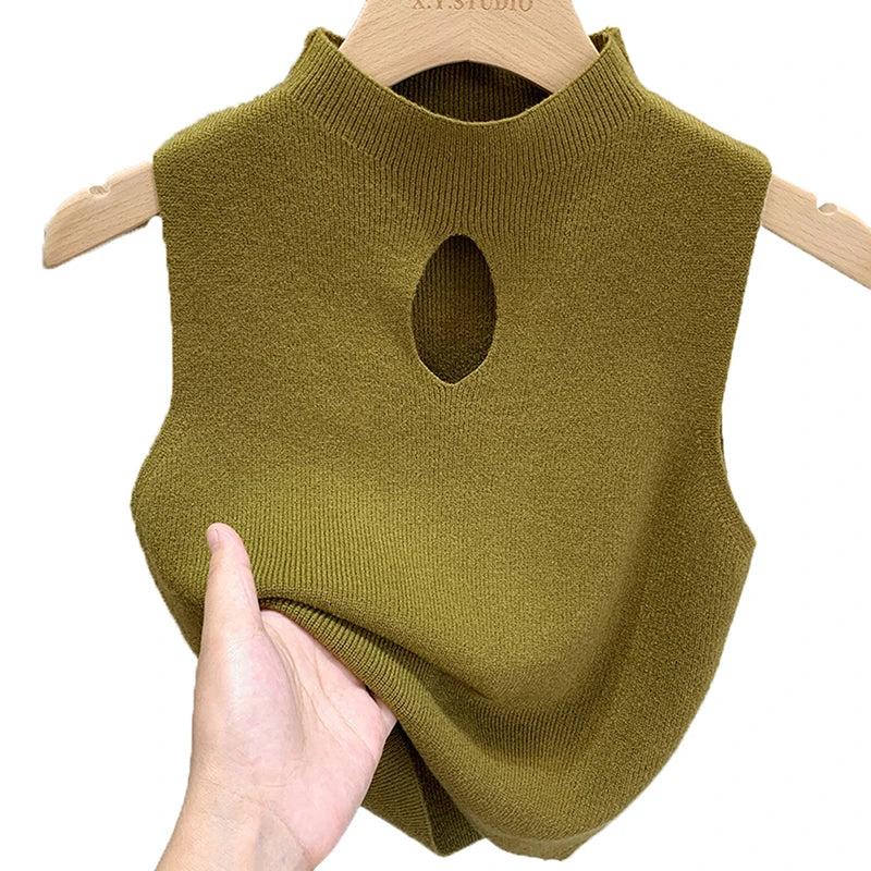 1PC Fashion Half Turtleneck Knitted Tank Top Summer Women Casual Solid Color Sleeveless Vest
