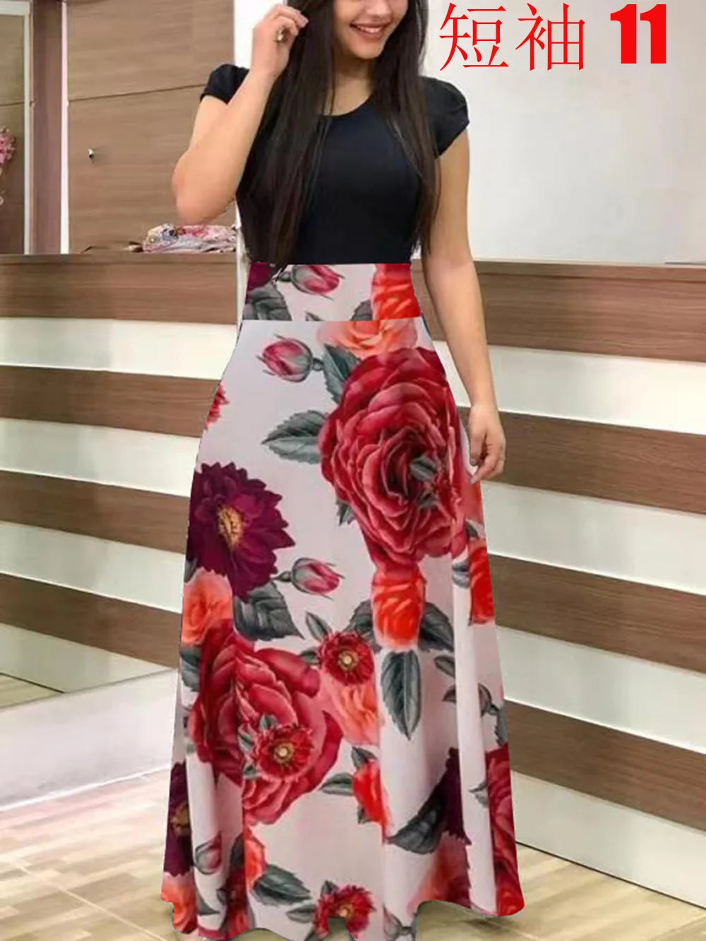 Floral Print Swing Dress — Short Sleeve Color Block Midi Skirt