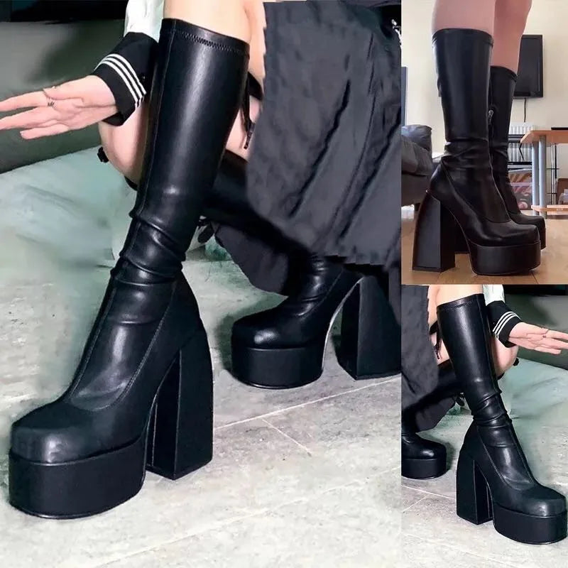 Boots for Women 2026 Knee High Shoes on Platform Heels Punk Style Autumn Winter Chunky Gothic Plus Size Sexy Pole Dance Luxury