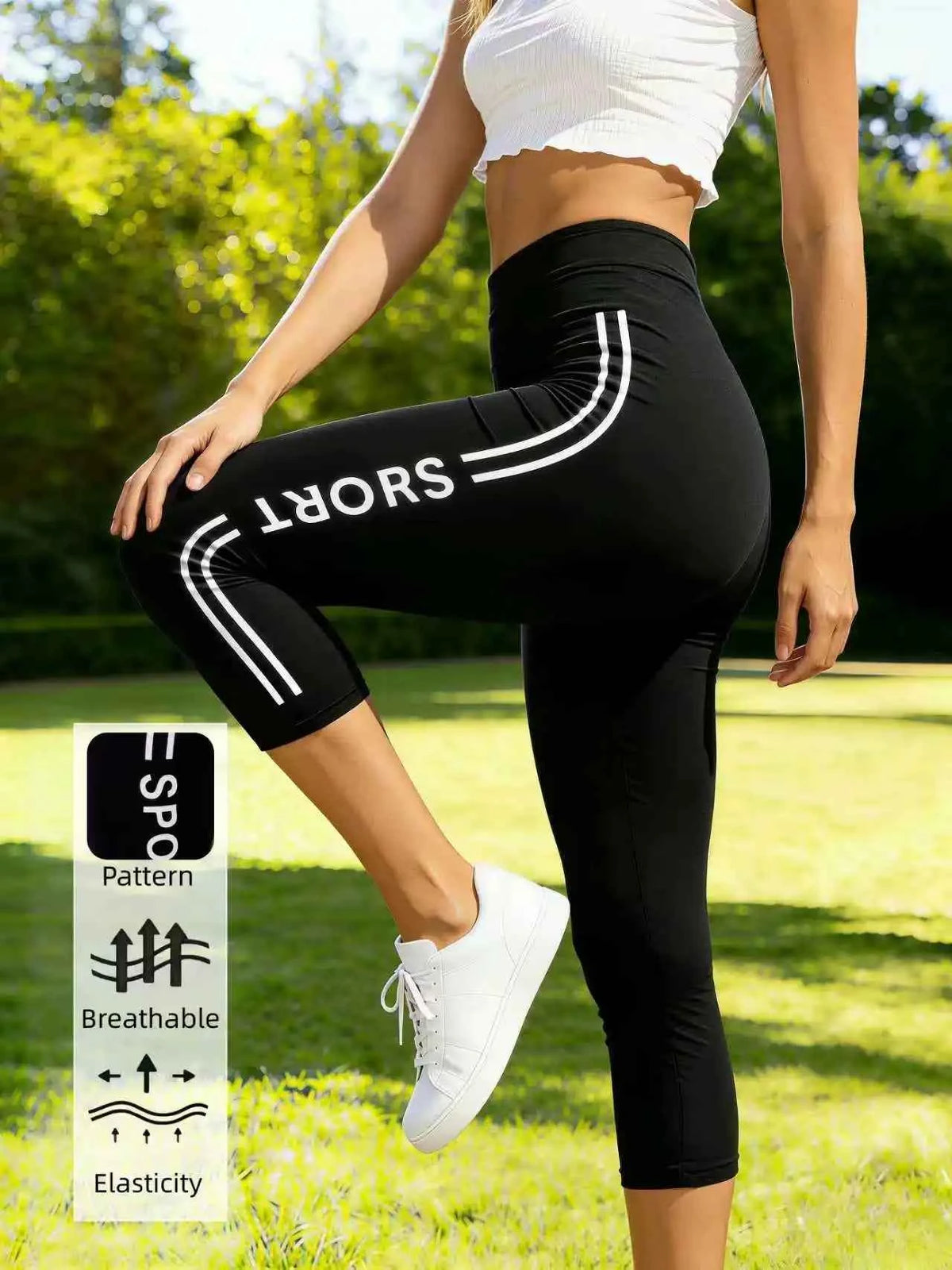 Women's High-Waist Capri Leggings | Sport Letter Print | Seamless Knit