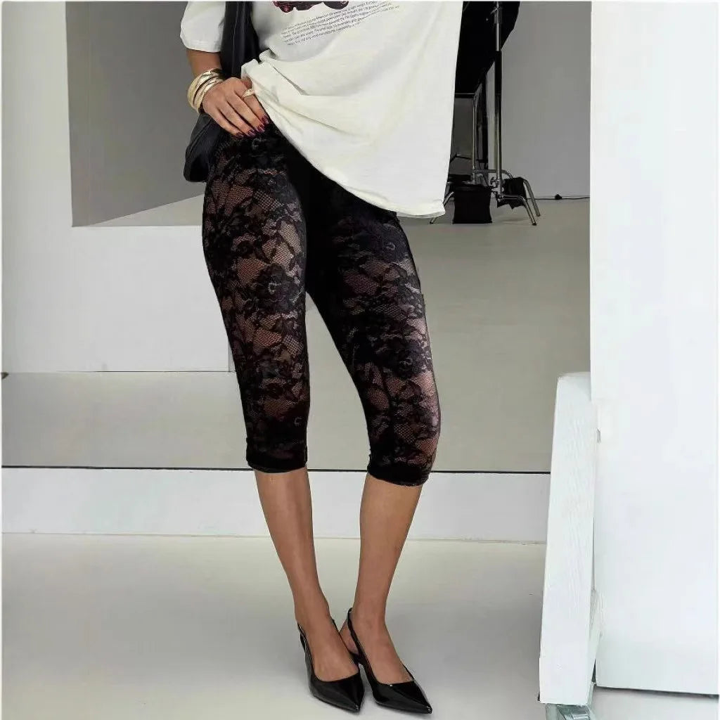 Black Lace Leggings for Women – High-Waisted Sheer Cropped Trousers