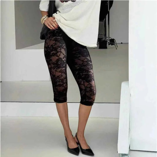 Black Lace Leggings for Women – High-Waisted Sheer Cropped Trousers