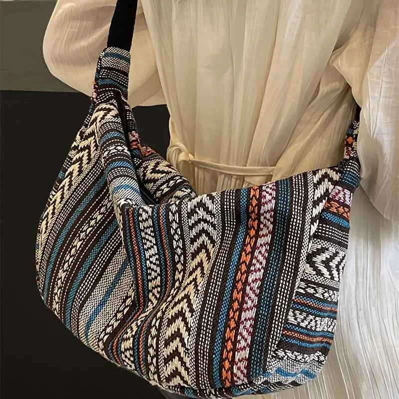 Women's Tribal Stripe Crossbody Bag – Boho Canvas Shoulder Bag with Zipper & Interior Pocket