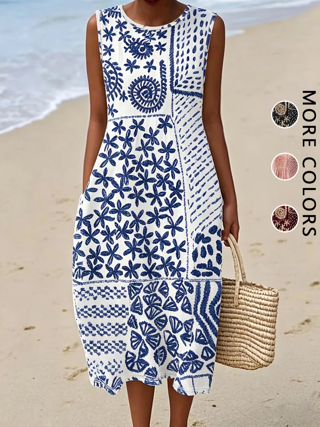 Bohemian Floral Midi Sundress — Sleeveless Beach Dress with Pockets