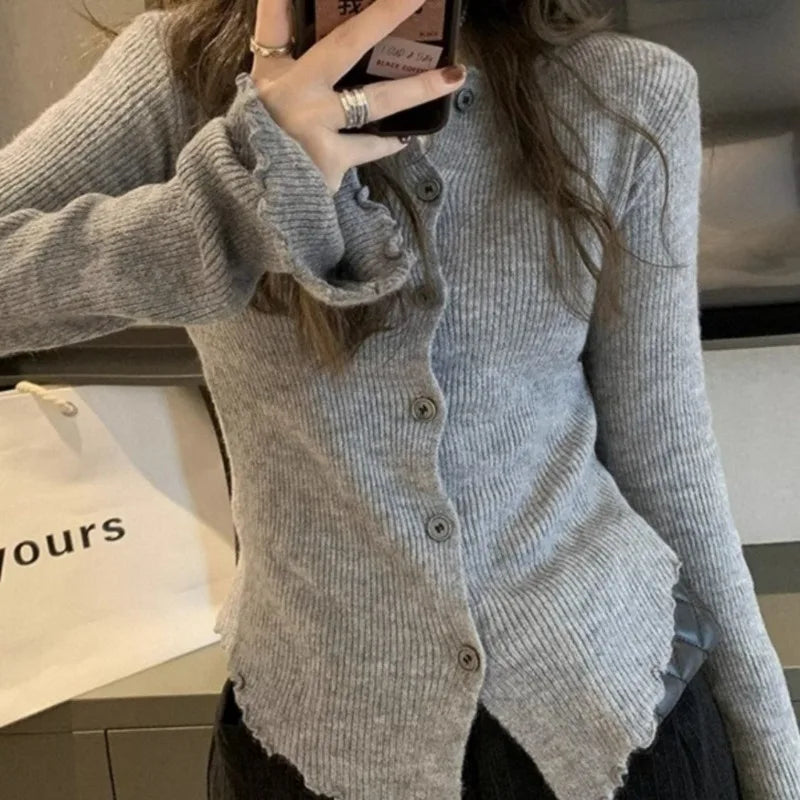 Irregular Knitting Cardigan Women Spring Autumn Flare Sleeve Ruched Solid Sweaters Design Flattering Waist Simple Commuting Chic