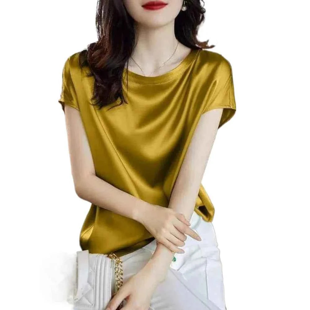 Summer Raglan Sleeve Faux Silk Satin Blouse Women Elegant Office OL Tops Loose Fit T-Shirts Basic Blusas Female Tunic Oversized