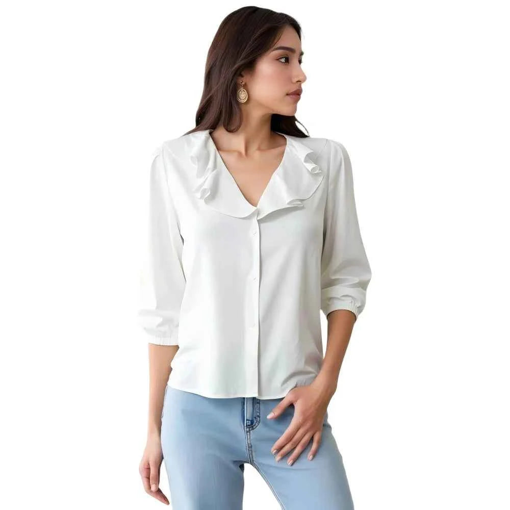 Women's V-Neck Ruffle Bubble Sleeve Blouse | Elegant Summer Button-Down Top