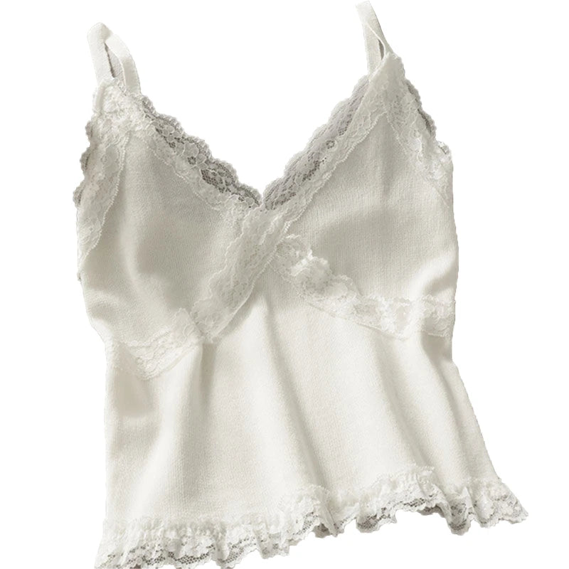 Women's Lace Cami Tank Top | Y2K Cropped Camisole | V-Neck Knit Sleeveless Top