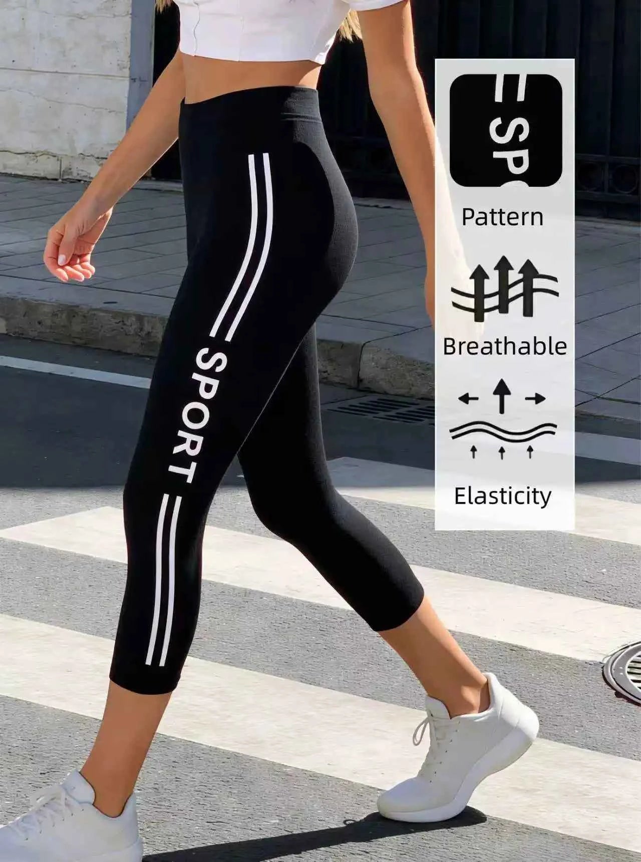 Women's High-Waist Capri Leggings | Sport Letter Print | Seamless Knit