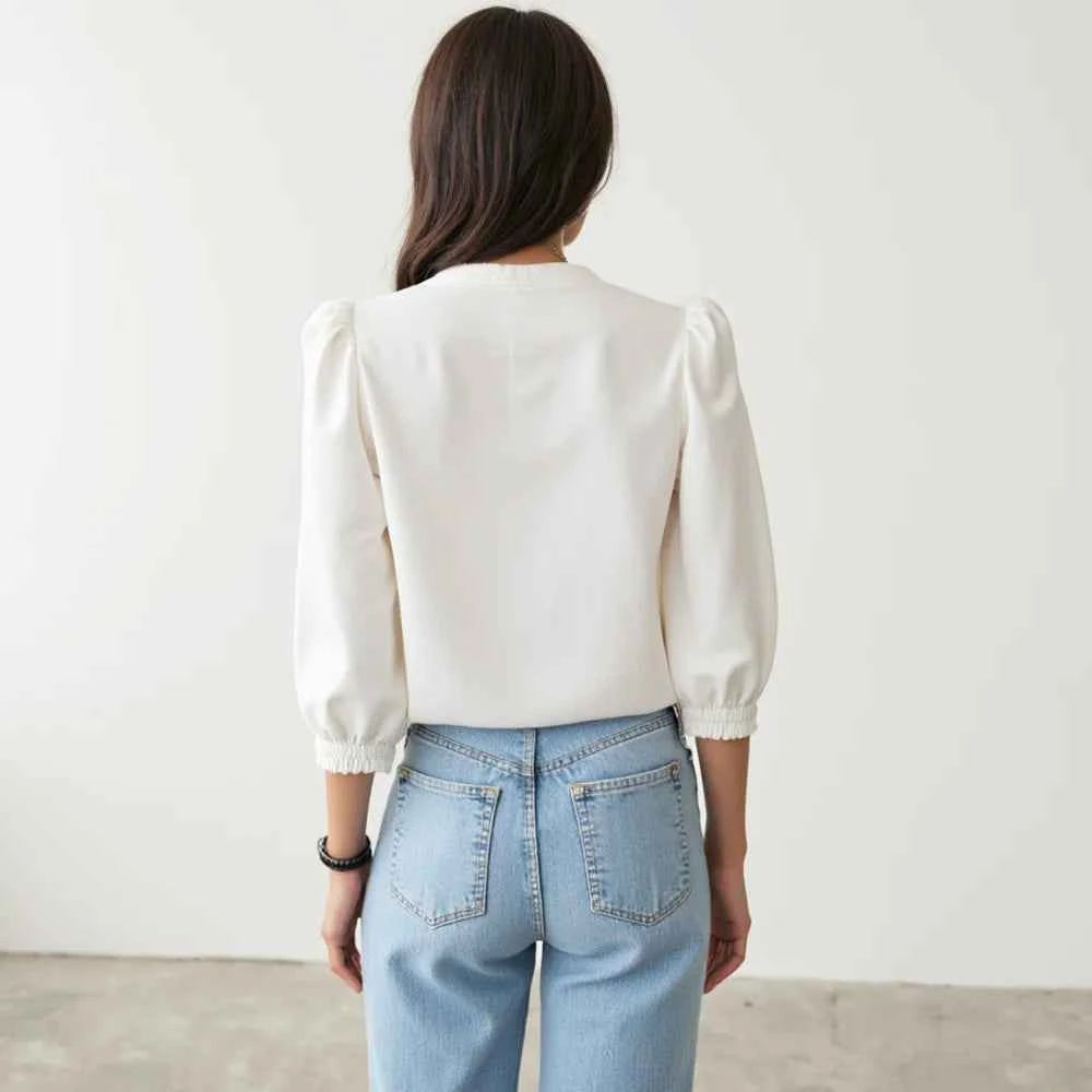 Women's V-Neck Ruffle Bubble Sleeve Blouse | Elegant Summer Button-Down Top