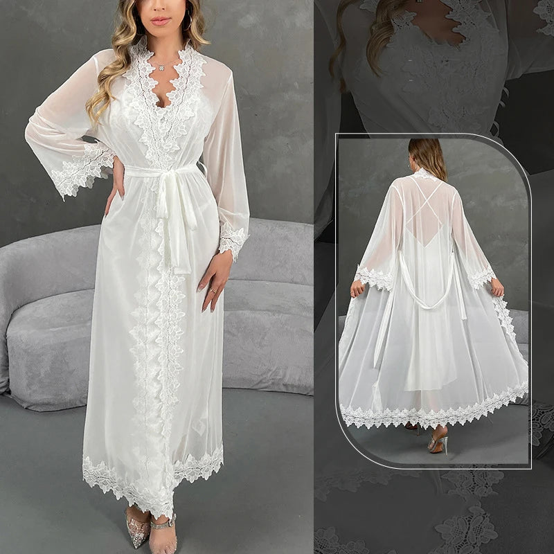Ice Silk Lace Nightgown & Robe Set — Sexy Suspender Sleepwear