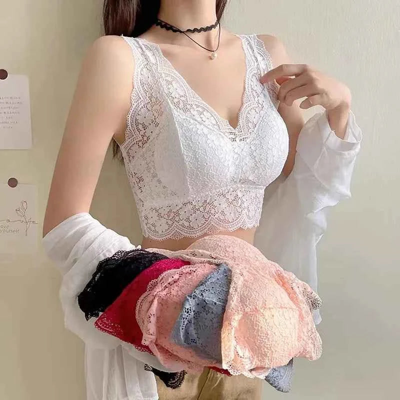 Floral Lace Bralette Camisole – Wire-Free Padded Deep V Crop Top for Women
