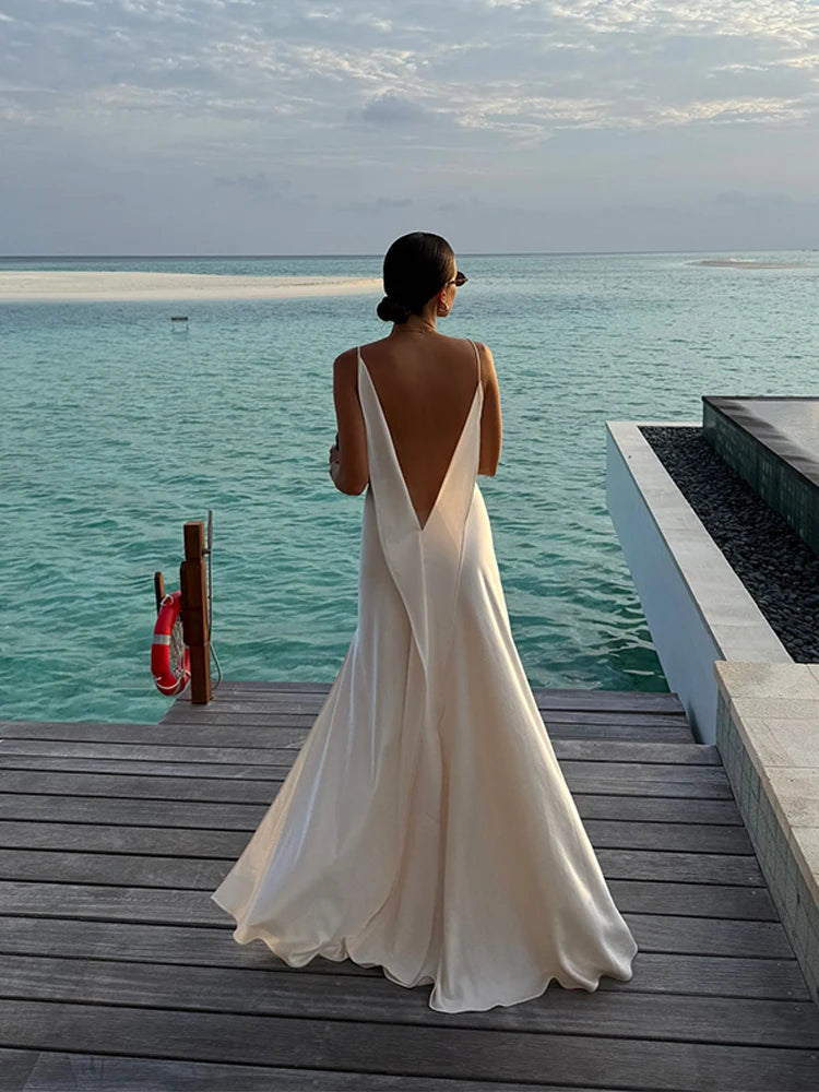 Satin Backless Maxi Dress — V-Neck Sleeveless Beach Vacation Gown