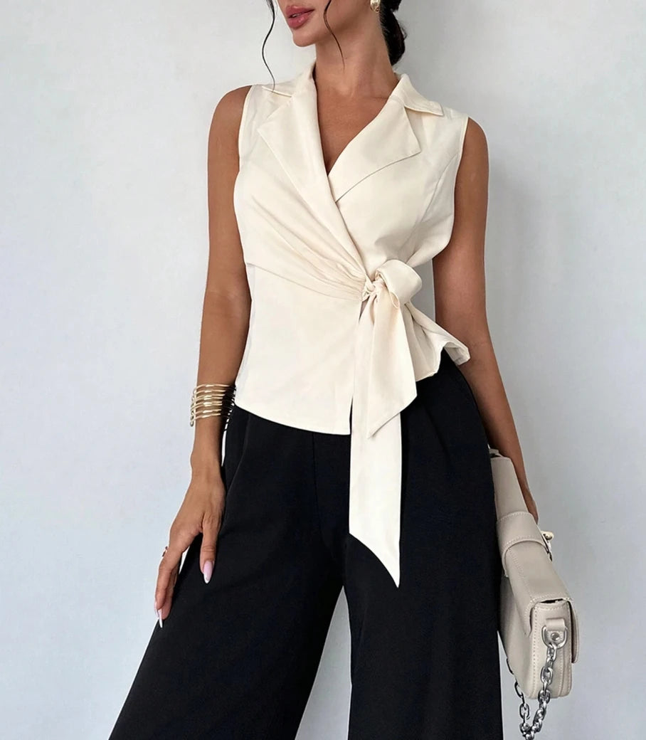 Beige V-Neck Waist-Belt Shirt, Slim Fit