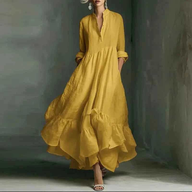 Women's Casual Dresses 2026 Spring Elegant V Neck High Waist A-Line Long Dress Retro Solid 3/4 Sleeve Ruffle Hem Boho Maxi Dress