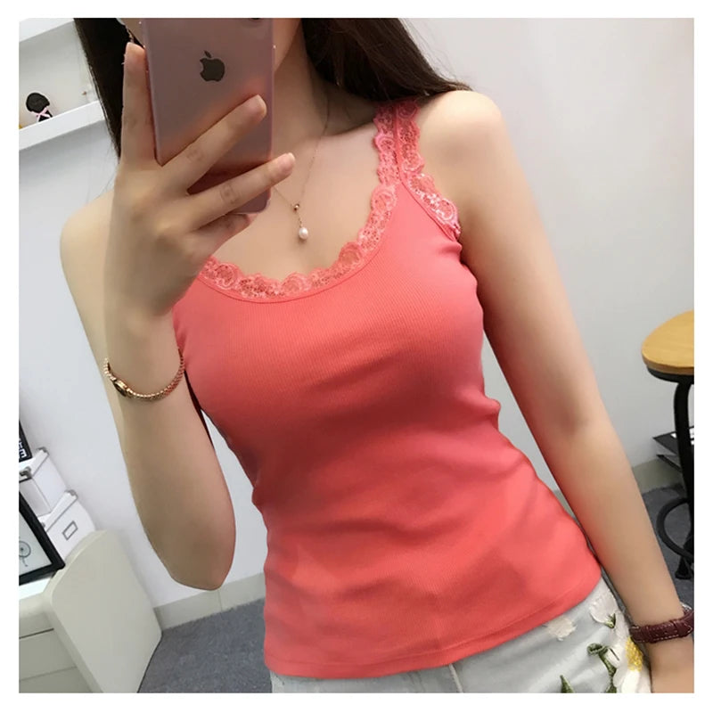 Women's Lace Cami Tank Top | Y2K Cropped Camisole | V-Neck Knit Sleeveless Top