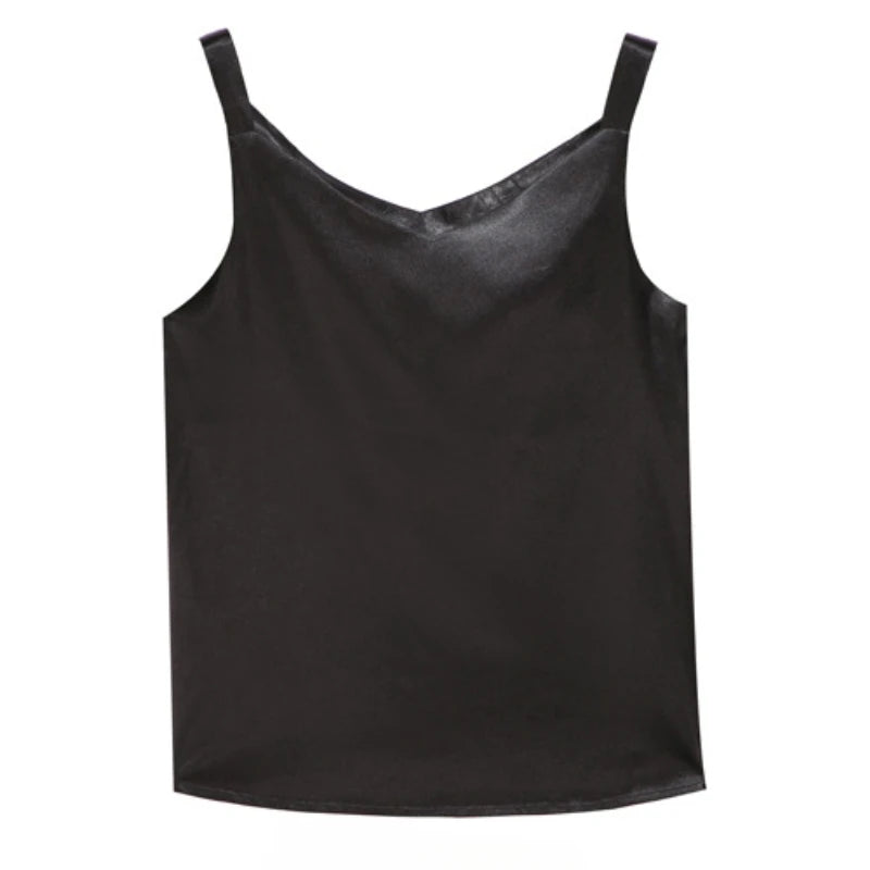 Women's Satin Silk Blouse – Sleeveless V-Neck Top | White, Black & Champagne Gold