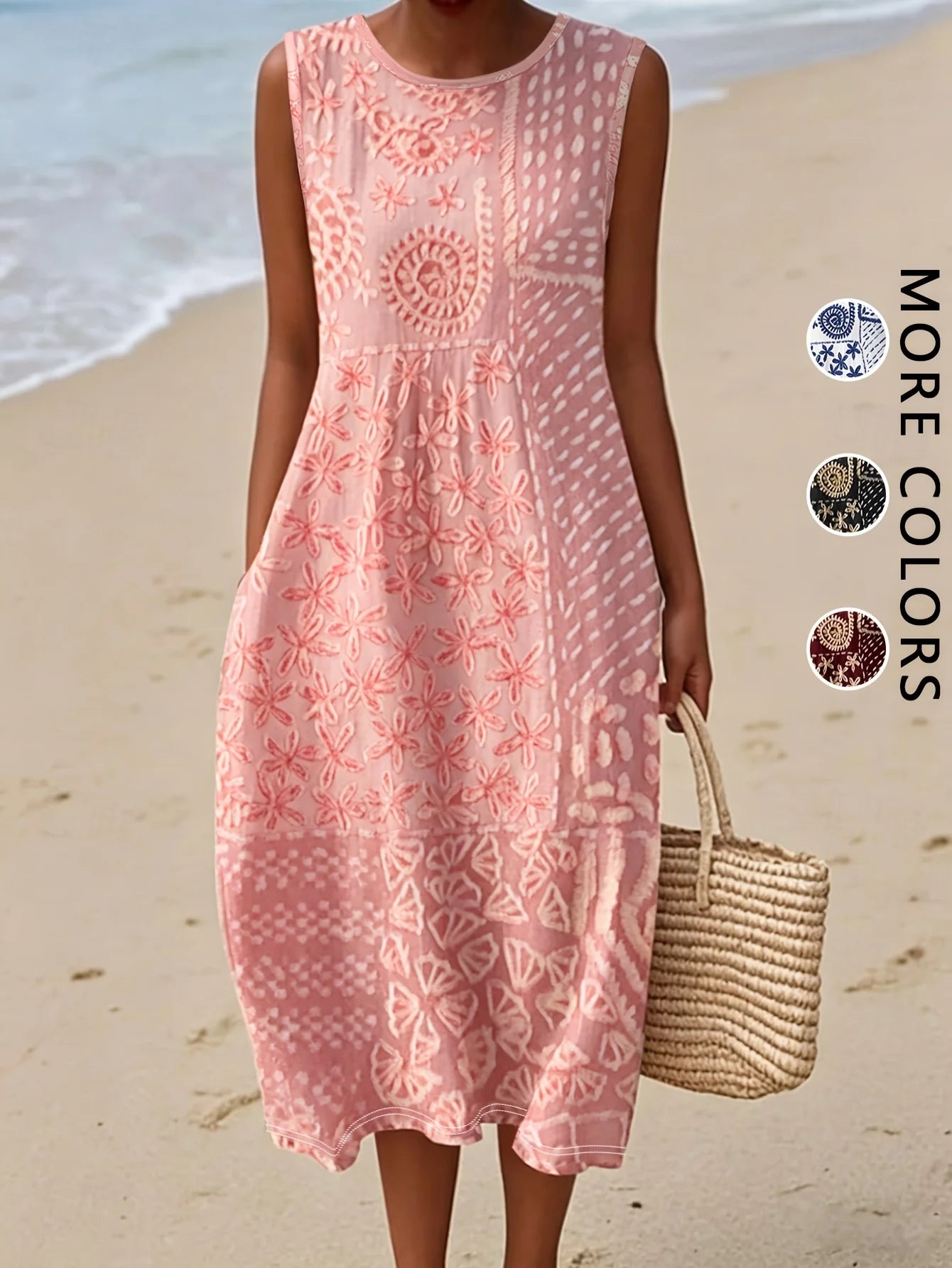 Bohemian Floral Midi Sundress — Sleeveless Beach Dress with Pockets