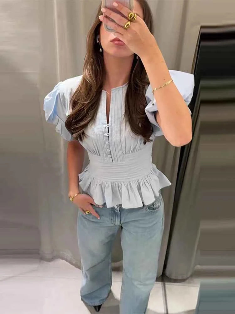 Women Round Neck Puff Sleeve Blouse Solid Lace Trim Asymmetrical Hem Slim Fit Shirt 2026 Spring Summer Chic Elegant Casual Top