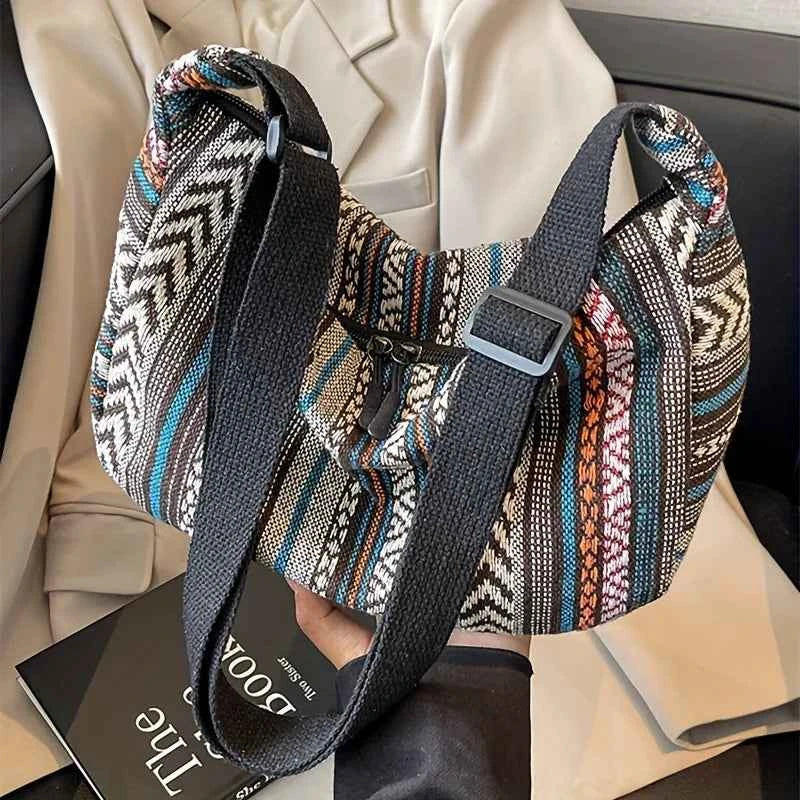 Women's Tribal Stripe Crossbody Bag – Boho Canvas Shoulder Bag with Zipper & Interior Pocket