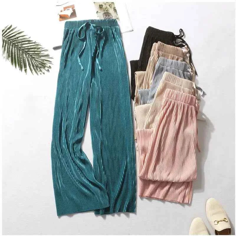 Women's Pleated Wide-Leg Pants | Ice Silk Loose Trousers with Elastic Waist