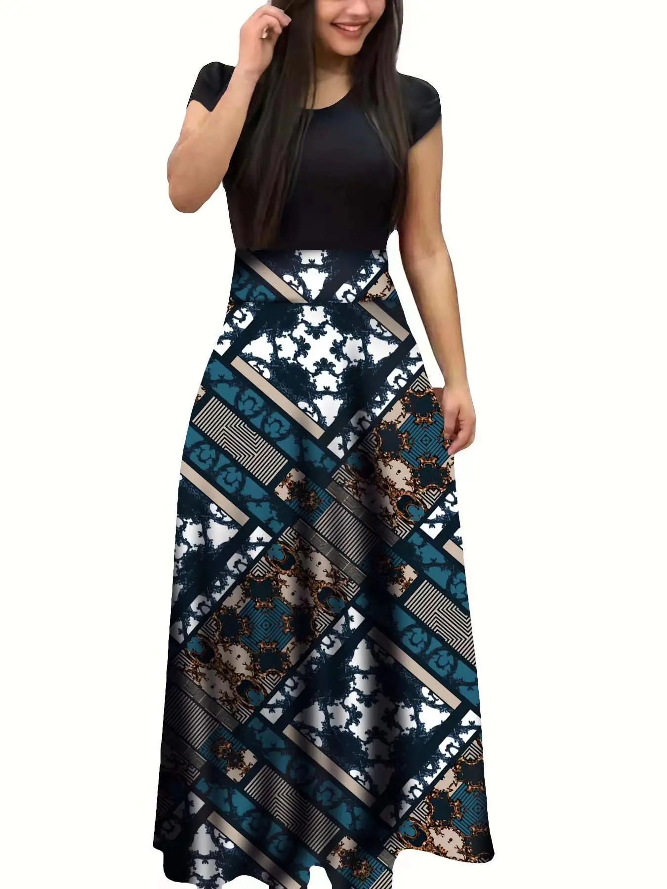 Floral Print Swing Dress — Short Sleeve Color Block Midi Skirt