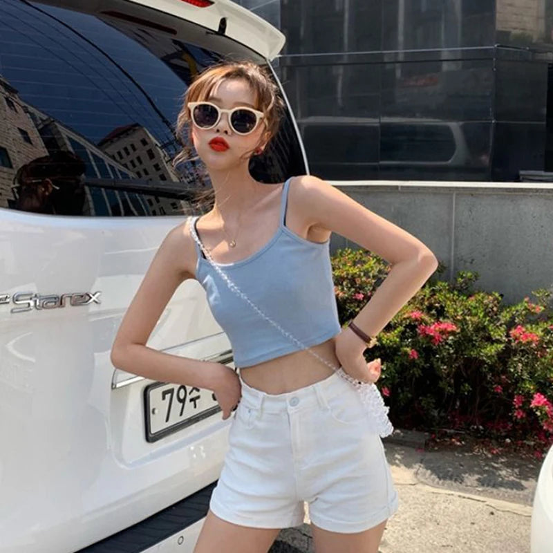 1PCS Women Sexy Solid Camis Crop Top Casual Tank Tops Vest Club High Street Sleeveless Streetwear