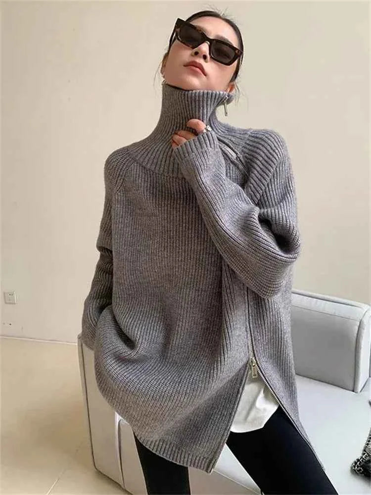 Women's Turtleneck Zipper Oversize Fashion Women Sweaters 2026 Autumn Knitwears Loose Thick Warm High Neck Solid Pullovers Women