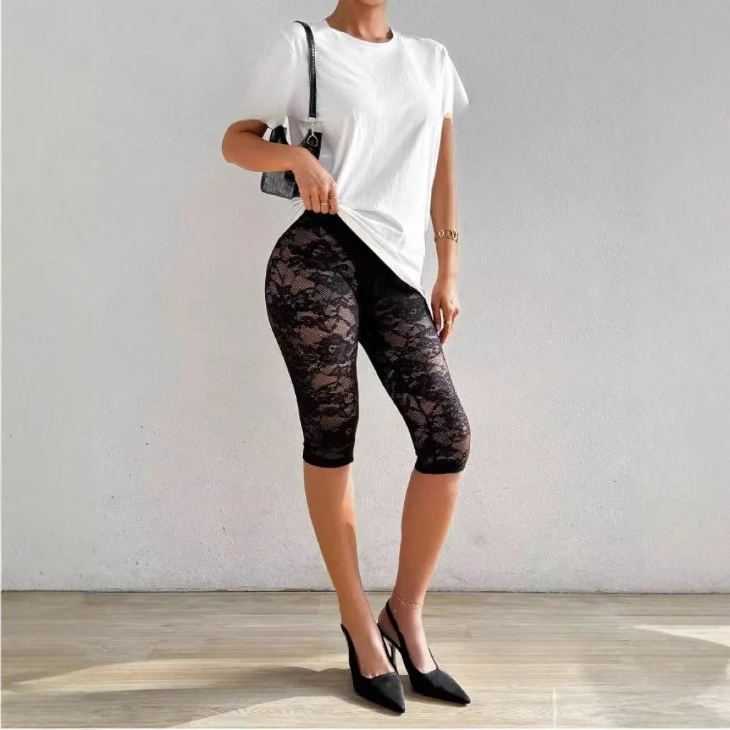 Black Lace Leggings for Women – High-Waisted Sheer Cropped Trousers