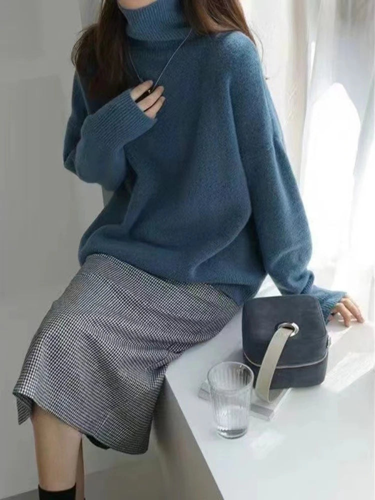 Autumn Winter New High Collar Cashmere Sweater Women Pure Color Cashmere Thick Knitted Pullover 2024 Loose Languid Sweater Tops