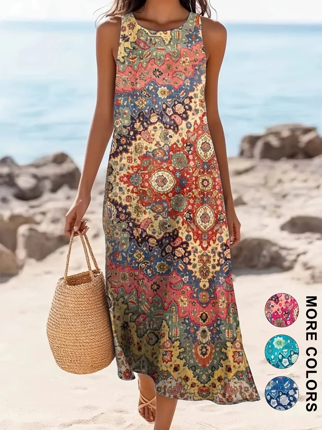 Bohemian Floral Midi Sundress — Sleeveless Beach Dress with Pockets