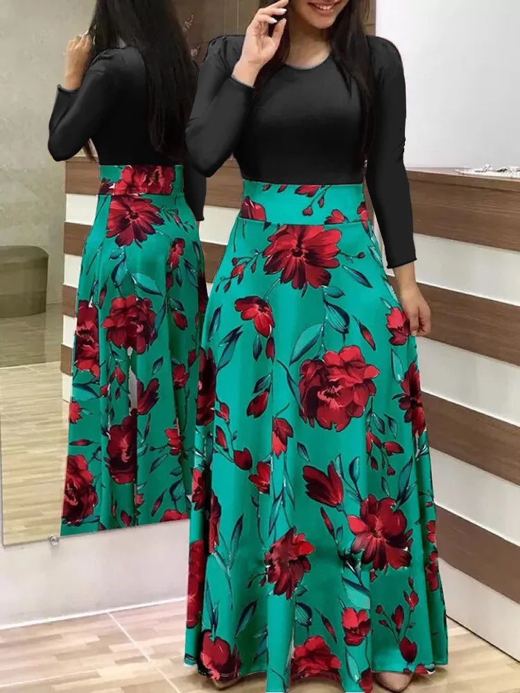 Floral Print Swing Dress — Short Sleeve Color Block Midi Skirt