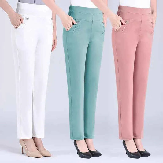 2024 Women Spring Summer Women New Middle-aged Thin Pants Female Elastic Waist Casual Pant Ladies Long Straight Trousers Y781