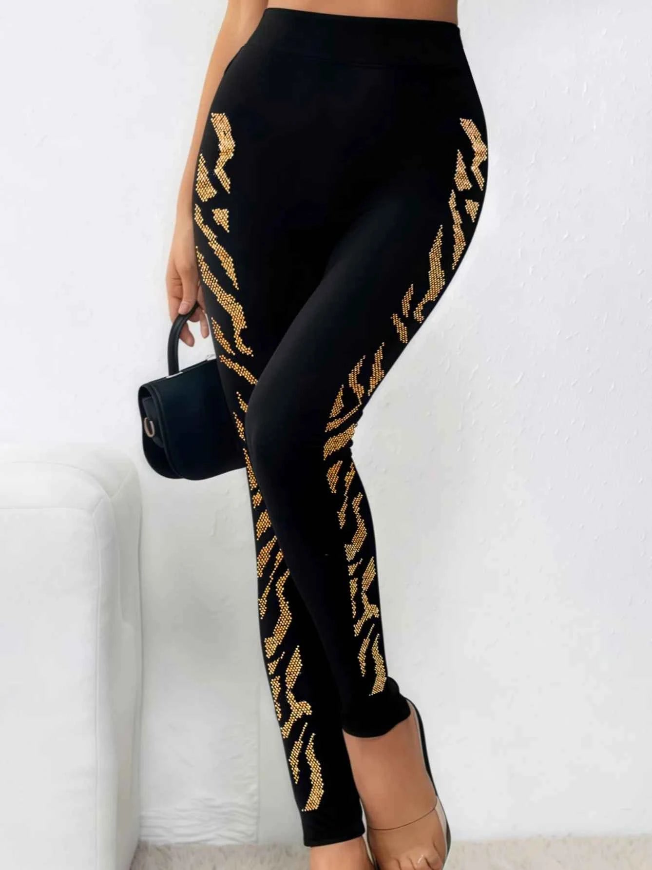 Women's Black Leopard Rhinestone Leggings – High Waist Seamless Knit