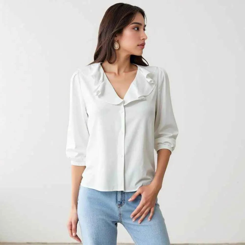 Women's V-Neck Ruffle Bubble Sleeve Blouse | Elegant Summer Button-Down Top