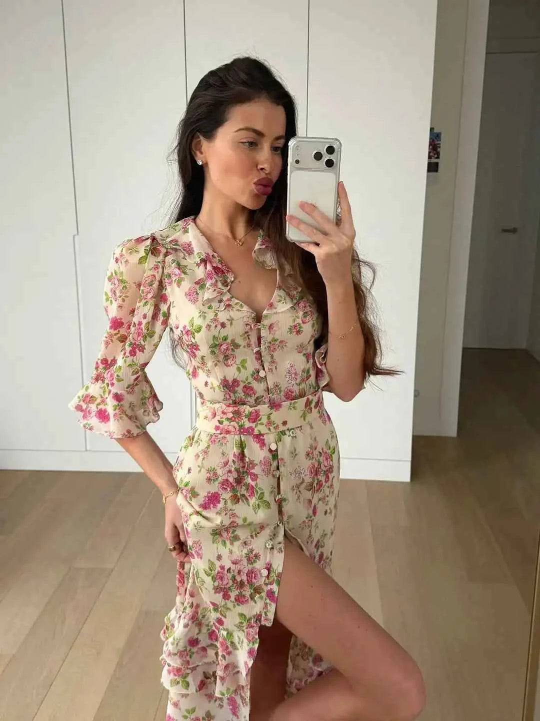V Neck High Split Half Sleeve Slim Long Dress Print Waist Cinching Ruffle Hem Maxi Robes 2026 Women Party Vacation Vestidos