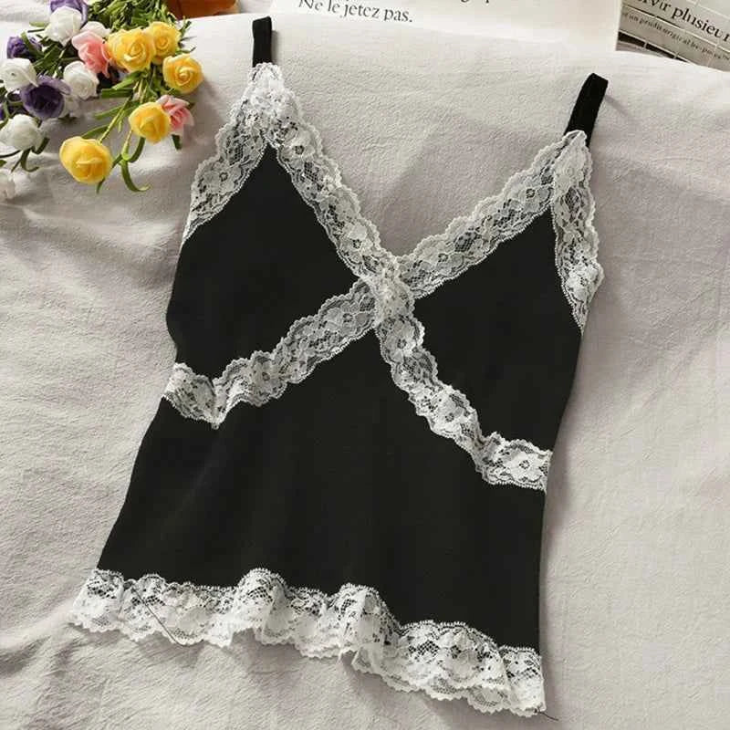 Women's Lace Cami Tank Top | Y2K Cropped Camisole | V-Neck Knit Sleeveless Top