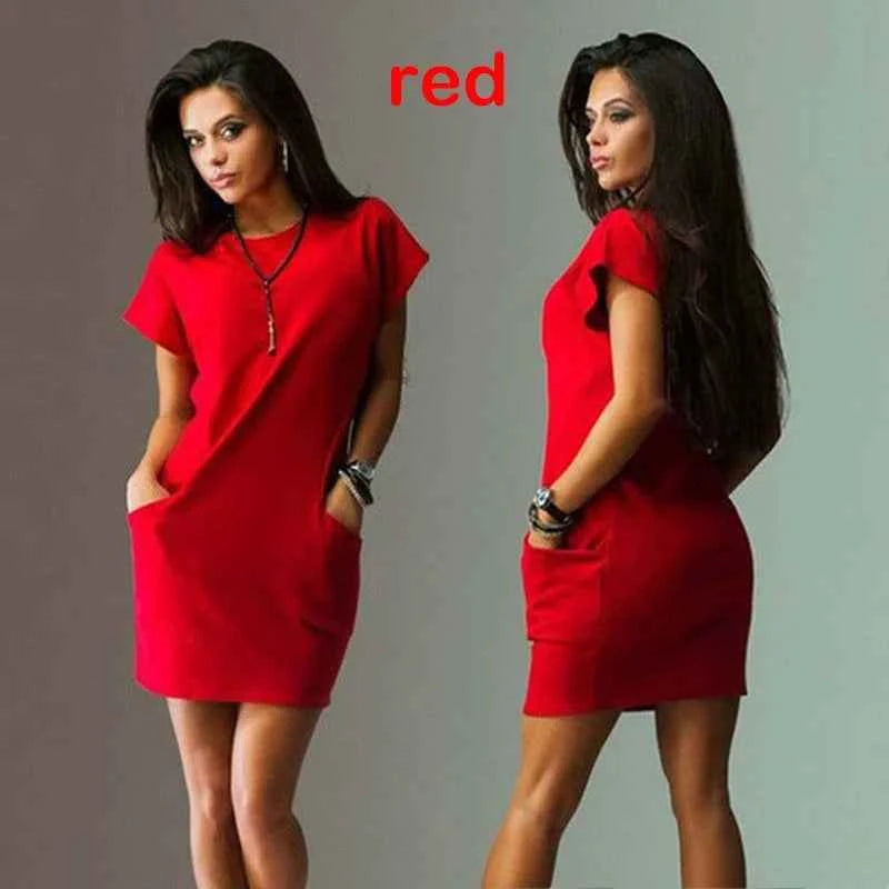 Women's A-Line Mini Dress – Solid Color Short Sleeve O-Neck with Pockets