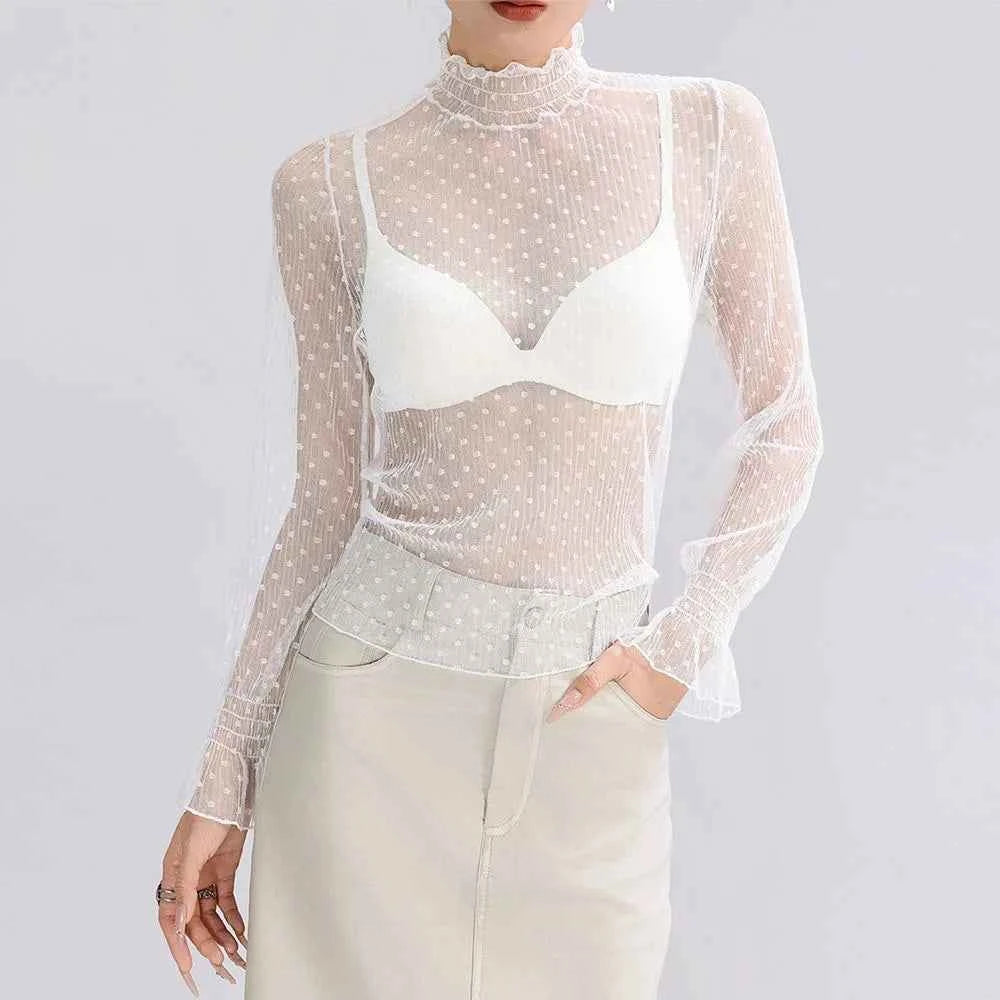Sheer Lace Mesh Blouse for Women — Long Sleeve, See-Through Turtleneck Top