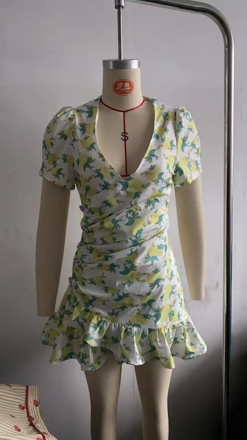 Floral V-Neck Ruffle Dress — Cinched Waist Layered Short Sleeve Dress