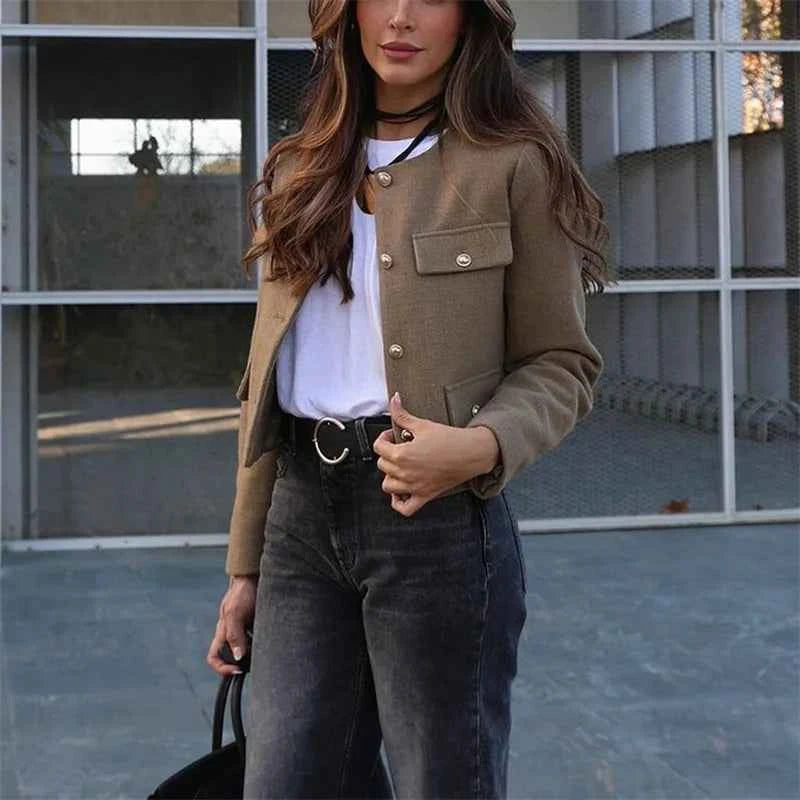 MUJER Tweed Cropped Jacket Woman Long Sleeve Vintage Jacket Woman Fashion Button Elegant Jackets For Women New In Short Coats