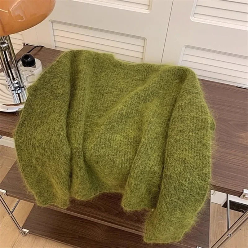 Women's Fashion Simple Casual Green Soft All Match Knitted Sweater Female O Neck Long Sleeve Loose Pullover Tops Sweet Sweaters