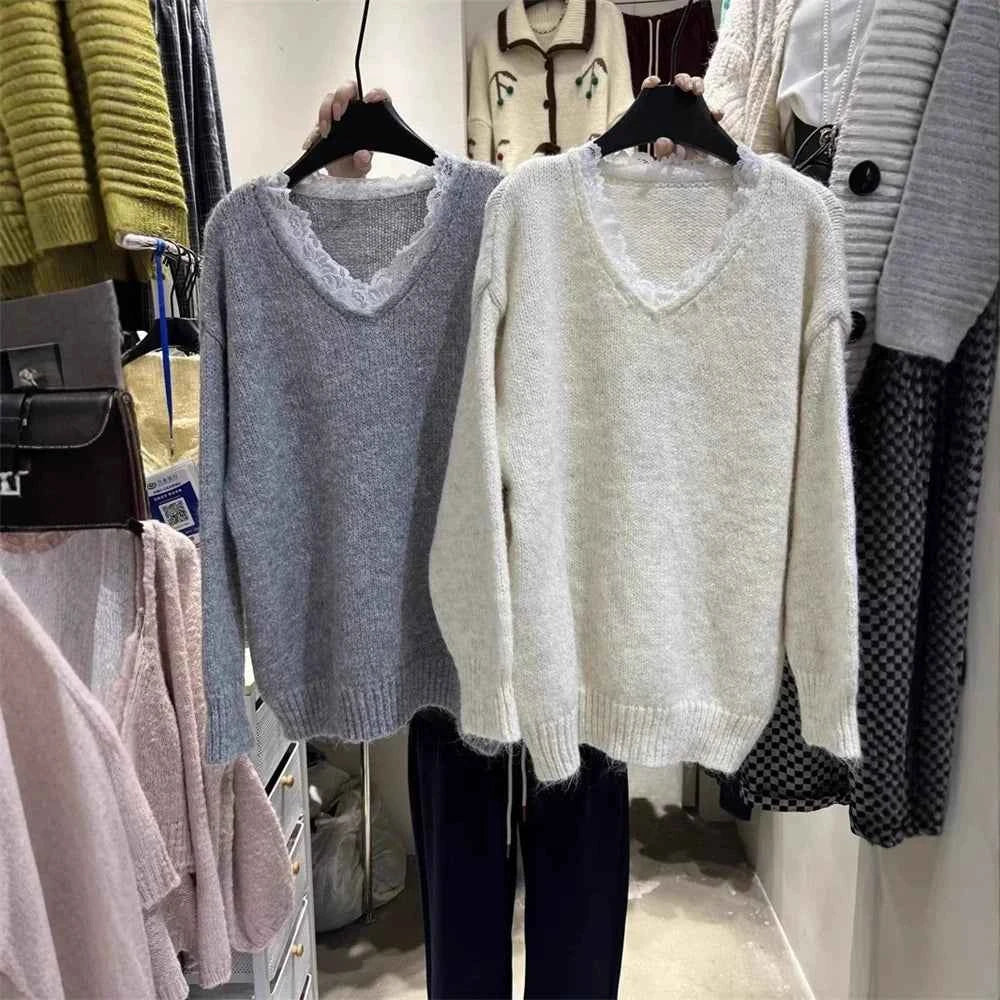 Spring Autumn Solid Women's Knitted Sweater V-Neck Patchwork Lace Collar Long Sleeved Pullover Casual Loose Tops Female Clothes