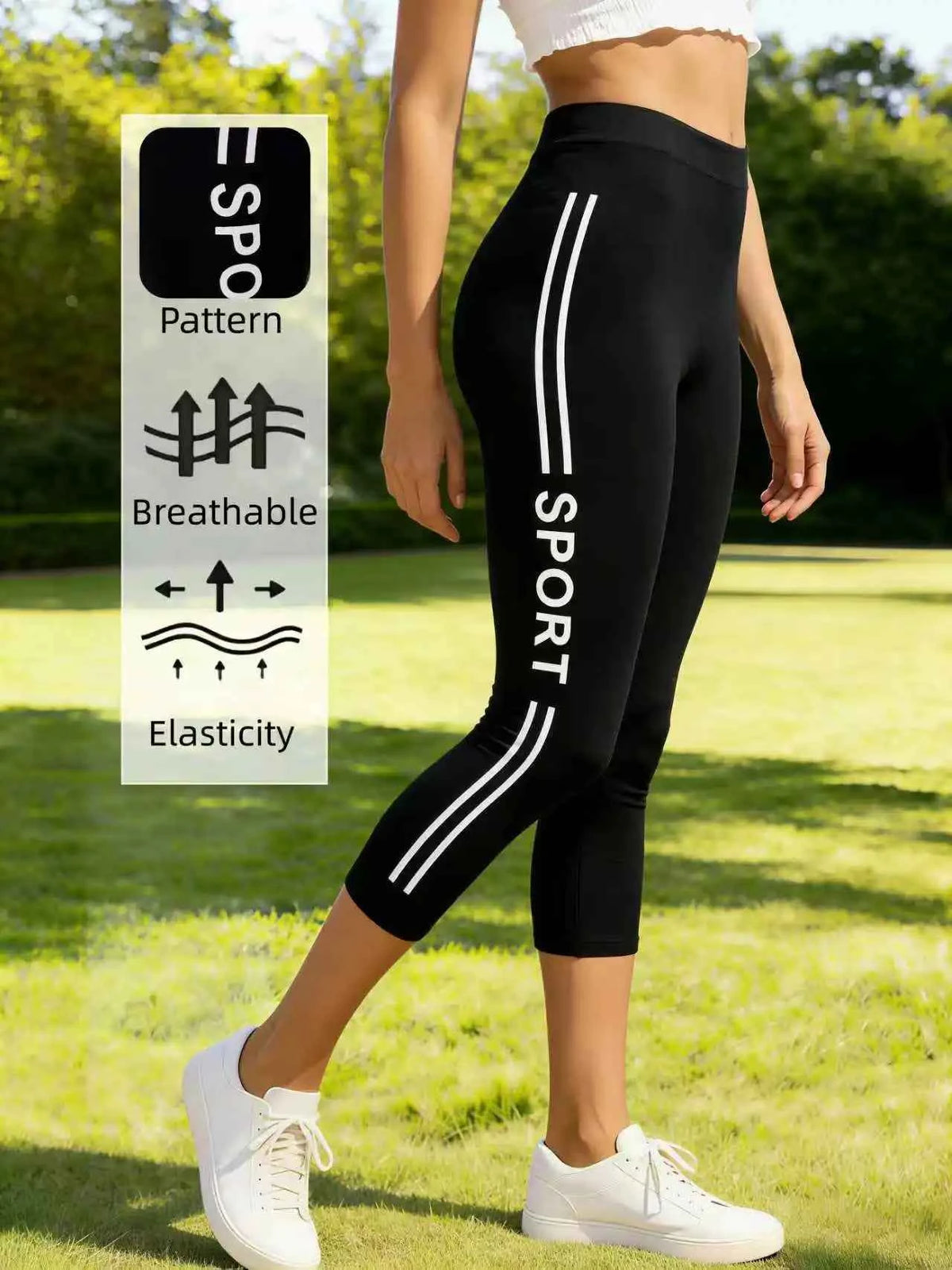 Women's High-Waist Capri Leggings | Sport Letter Print | Seamless Knit