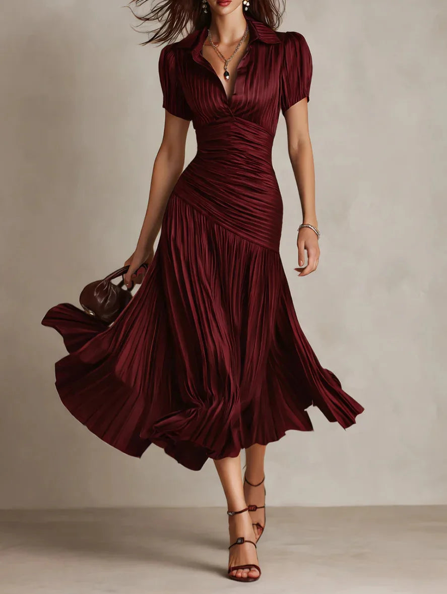 Striped High-Waist Shirt Dress — Short Sleeve Lapel A-Line Skirt