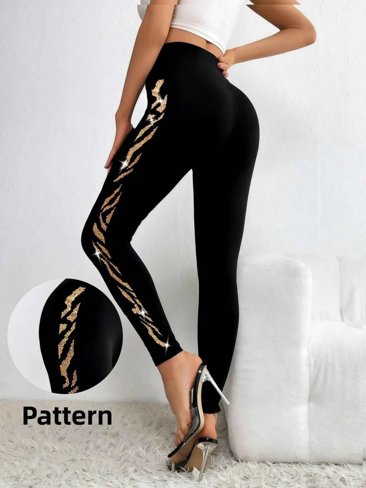 Women's Black Leopard Rhinestone Leggings – High Waist Seamless Knit