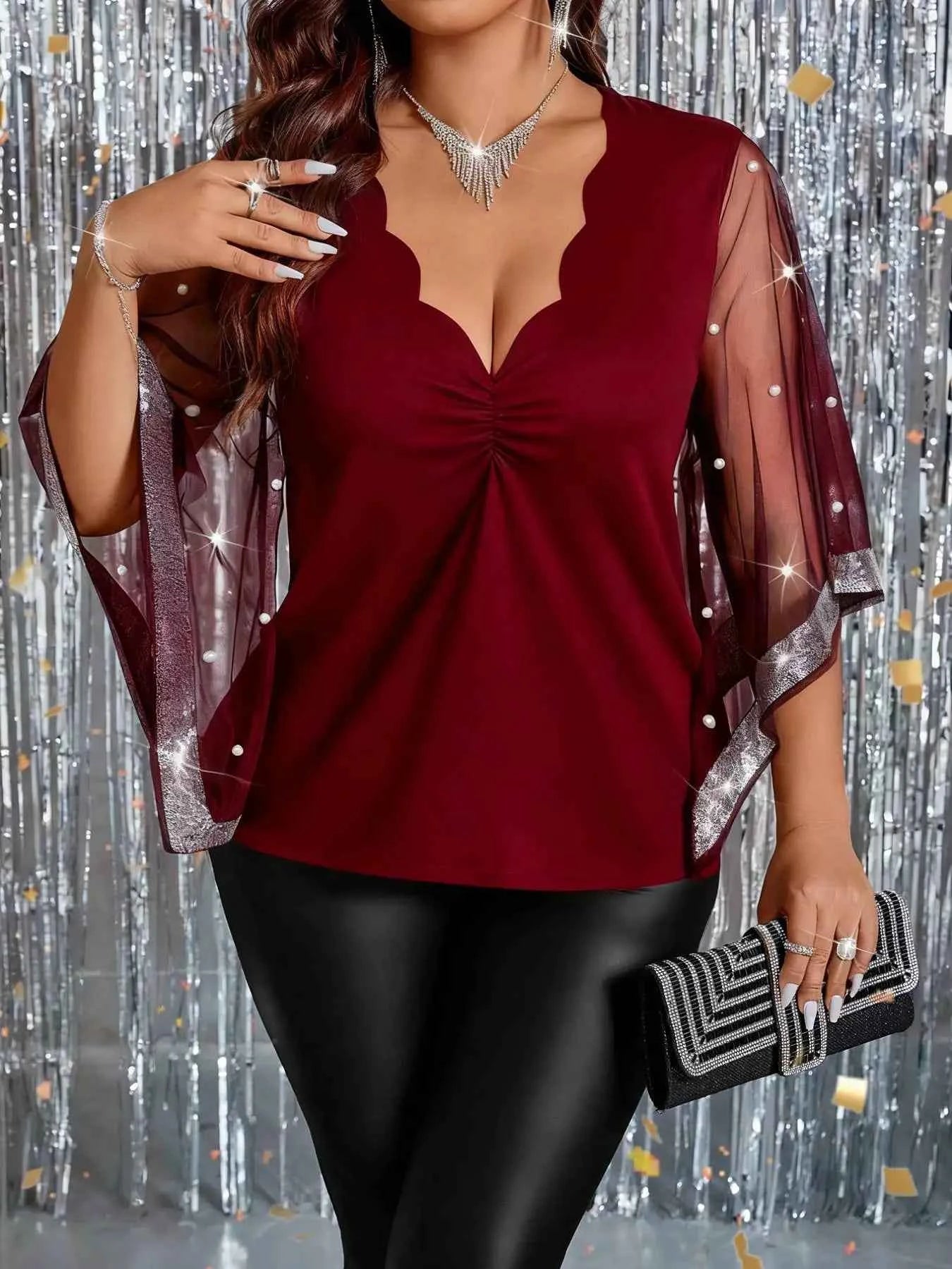 Plus Size Women's Mesh Bell Sleeve Blouse – Scallop V-Neck Pearl Beaded Party Top | Sizes 0XL–5XL
