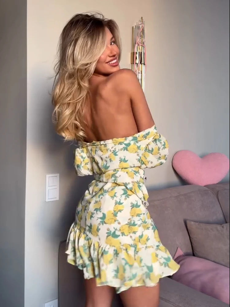 Ruffle Print Slim Fit Dress — V-Neck Pleated Short Summer Dress