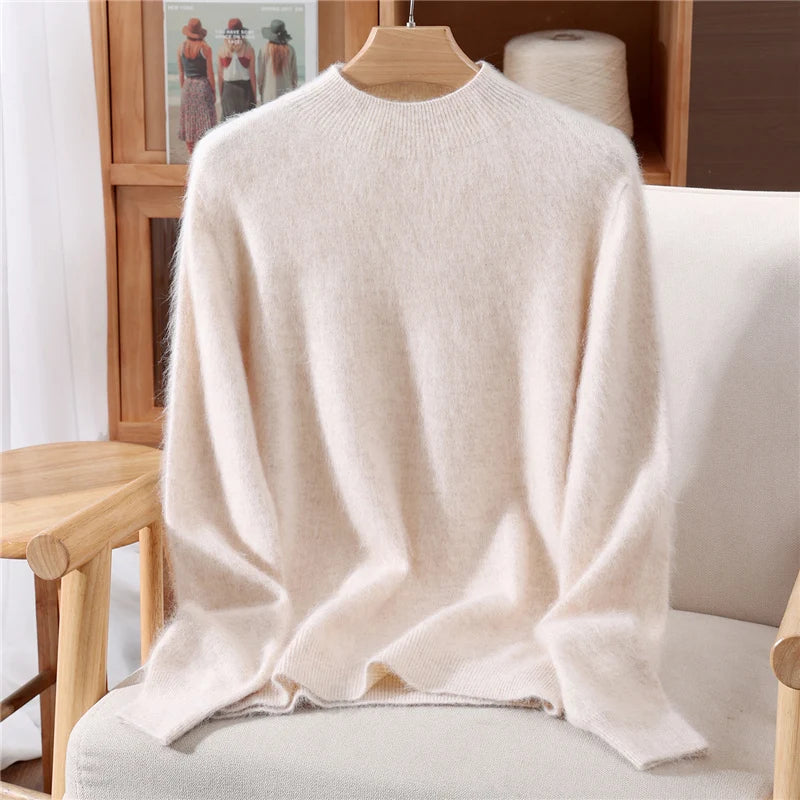 Autumn Winter New Mink Cashmere Sweater Women's Half-Height Color Matching Knitted Pullover Casual Padded Wool Bottoming Coat